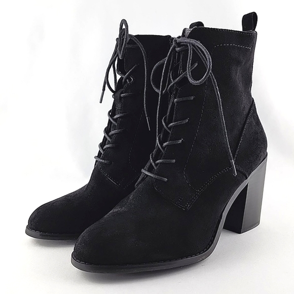 Forever 21 Black Faux Suede Heeled Lace Up Ankle Boots Side Zipper Size 7.5 - Picture 4 of 16
